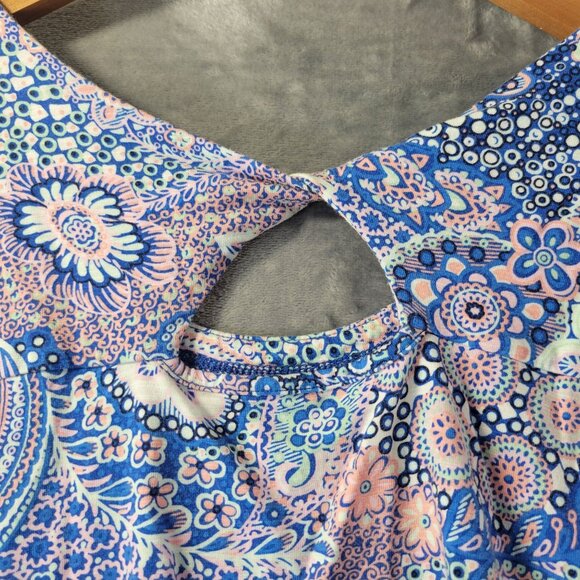 Talbots Womens Paisley Print Top Sp Blue Pink White Boho Tee Active Twisted Back - Picture 6 of 10